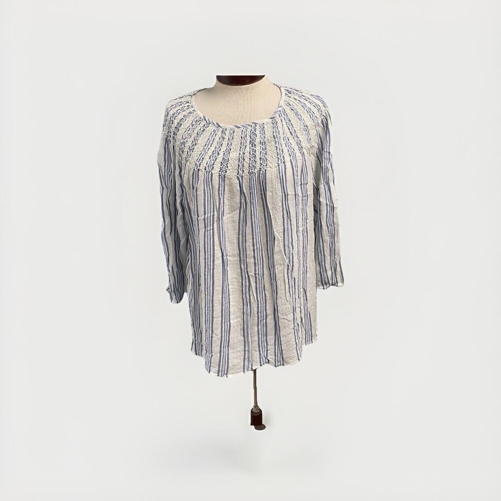 J. Jill Striped Lightweight Blouse Smocked Top Womens Large Casual Coastal